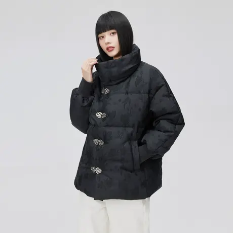 艾莱依黑色女士羽绒服2022秋冬新款国潮盘扣时尚高级感国风短外套商品大图