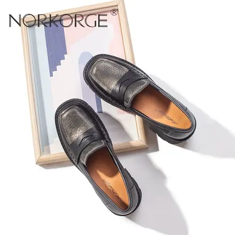 2023新款秋复古JK黑乐福鞋女鞋真皮方头粗跟高跟鞋显瘦增高小皮鞋商品大图