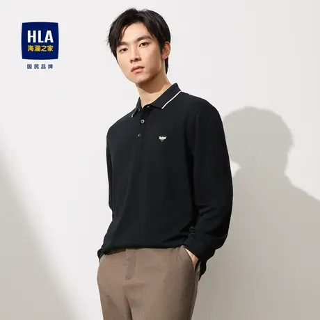 HLA/海澜之家撞色翻领POLO衫2023秋季新款字母小标斜纹提花长袖男图片