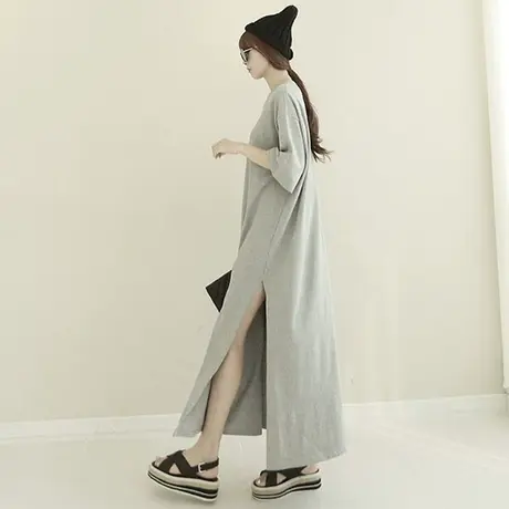 夏装短袖纯棉t恤宽松大码长款过膝连衣裙女bf风文艺开叉显瘦T恤裙商品大图