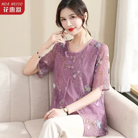 中年妈妈夏装短袖薄款雪纺小衫洋气中老年女夏天T恤上衣服假两件图片