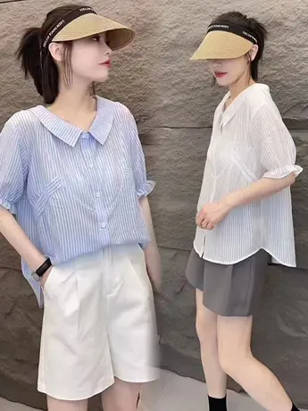 条纹短袖衬衫女2023夏季新款娃娃领收腰宽松显瘦衬衣设计感潮上衣图片