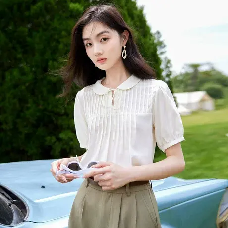 时尚气质温柔淑女短袖衬衫女士2023年夏季新款设计感百搭上衣商品大图