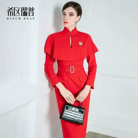 轻奢小众高端礼服裙改良版旗袍连衣裙女秋冬主持名媛宴会日常红色商品大图