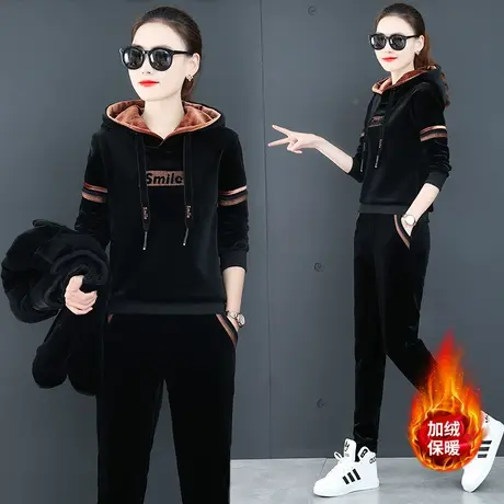 加绒加厚休闲运动服套装女2021秋冬季新款连帽金丝绒卫衣两件套潮商品大图