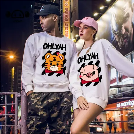 秋季新款卡通小虎小猪简约国潮牌圆领纯棉宽松套头情侣印花卫衣女商品大图