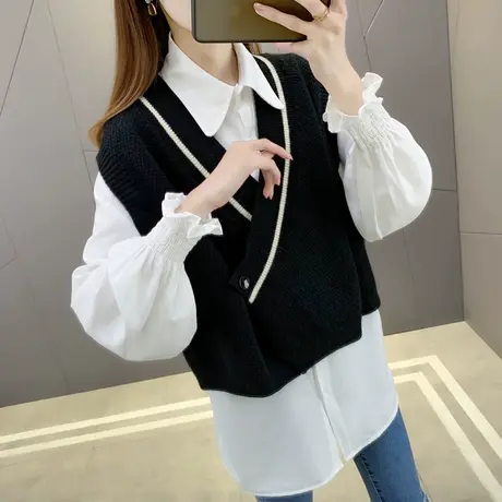 v领短款针织马甲背心衬衫两件套2023秋装新款马夹外穿毛衣坎肩潮图片