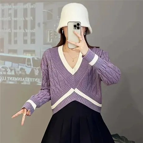 早秋季毛衣女士秋冬2023新款短款小个子V领上衣麻花配短裙针织衫图片