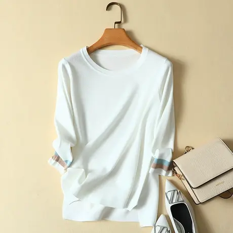 秋季2023年新款冰丝针织打底衫女薄款内搭七分袖上衣宽松短袖t恤商品大图