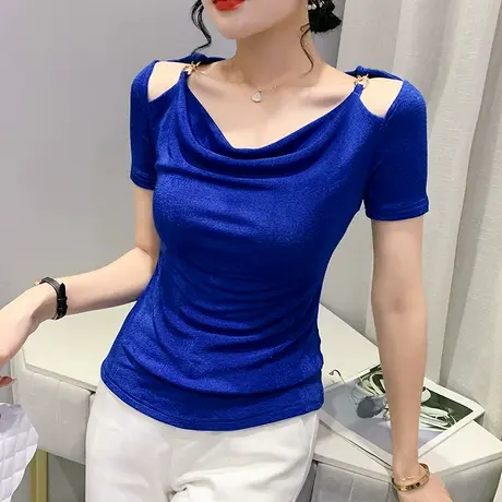 一字领短袖女夏季2023新款性感露肩上衣欧货修身设计感小众T恤ins商品大图