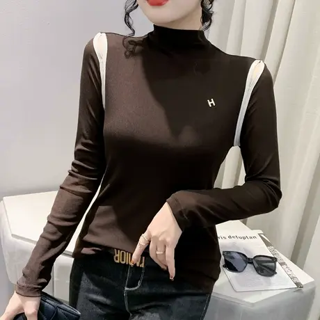 性感露肩打底衫女加绒春秋2023新款半高领网纱上衣修身长袖T恤ins商品大图