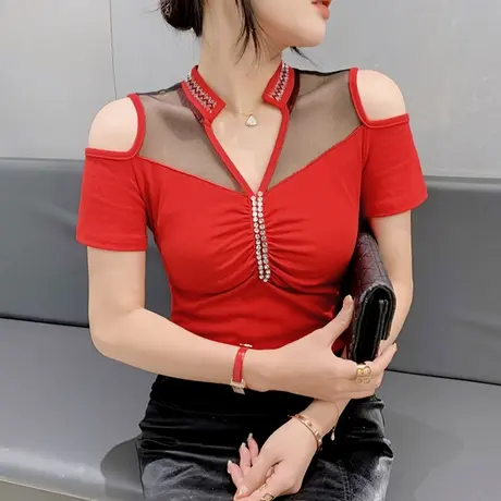 欧货性感女装网纱拼接T恤短袖洋气露肩上衣紧身百搭小衫V领半袖夏商品大图