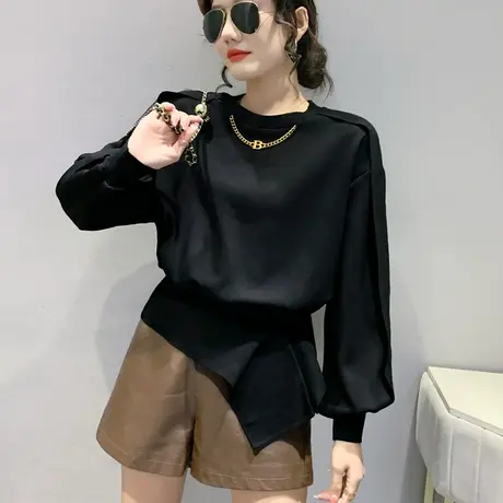 设计感小众卫衣女秋冬2023新款休闲宽松上衣不规则链条T恤长袖潮图片