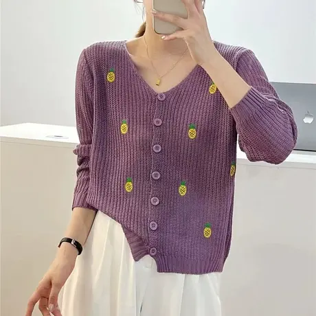 秋装2023年新款v领薄款针织开衫外套女短款毛衣绣花秋冬上衣百搭图片