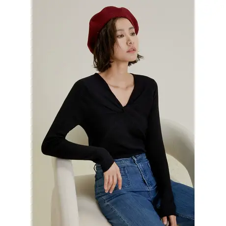 弥古黑色针织衫长袖修身v领扭结上衣女秋季内搭毛衣打底衫高级感商品大图