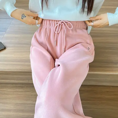 粉色松紧腰运动裤女秋冬新款显瘦束脚萝卜裤梨型身材休闲哈伦卫裤图片