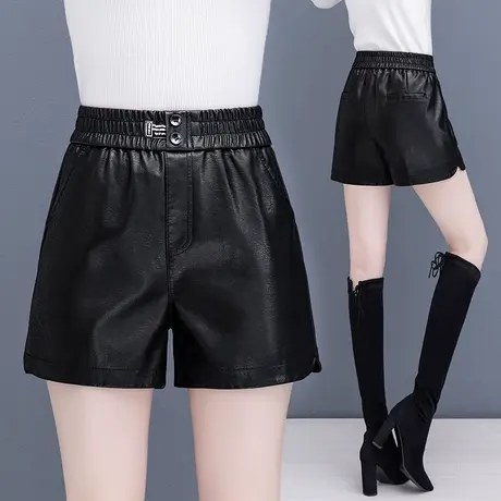 黑色皮短裤女2023新款秋季简约韩版高腰靴裤修身显瘦高级PU皮裤子商品大图