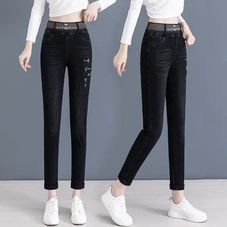 黑色大码牛仔裤女2023新款流行铅笔裤高腰收腹显瘦修身弹力小脚裤商品大图