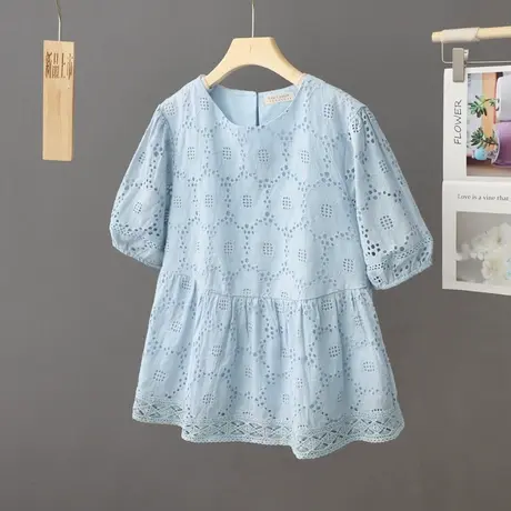 蕾丝裙摆式上衣女夏季宽松短袖娃娃衫圆领2023新款小个子衬衫宽松图片