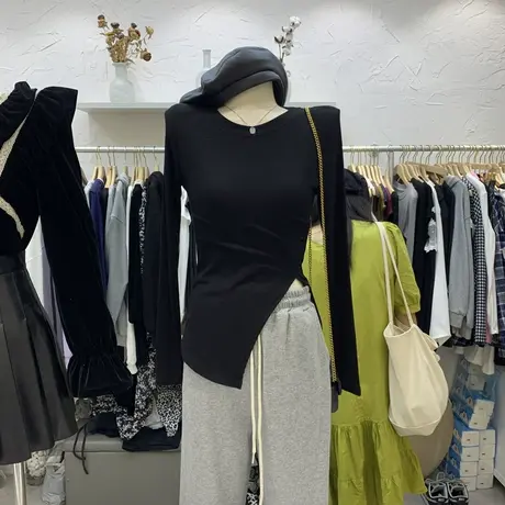 长袖t恤女2021春秋季新款开叉不规则薄款上衣修身显瘦打底衫上衣图片