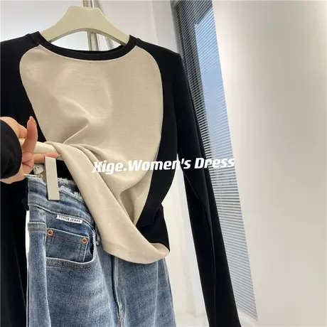 美式撞色拼接长袖打底衫女外穿设计感显瘦修身圆领正肩T恤上衣春图片