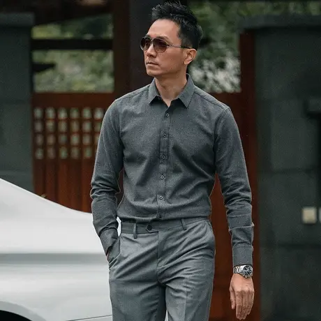 seno纯棉磨毛衬衫男保暖韩版深灰色冬季商务休闲修身男士长袖衬衫商品大图