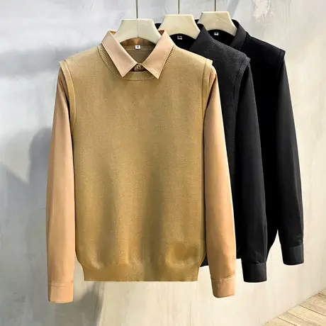 轻商务衬衫领针织衫假两件毛衣男士2023秋装刺绣保暖修身上衣外穿商品大图