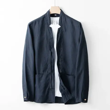 亚麻夹克男宽松风衣长袖衬衫男士休闲外套春秋季上衣翻领衬衣潮流图片