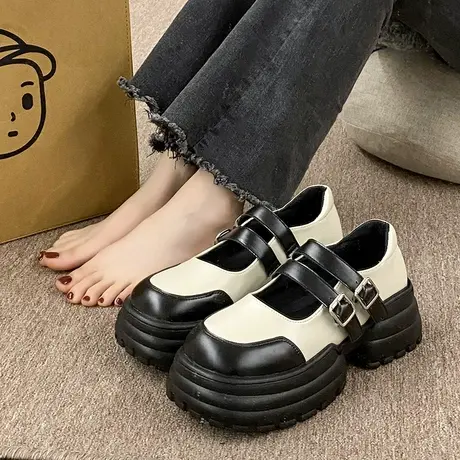 拼色玛丽珍小皮鞋女2023年春季新款复古英伦风百搭厚底增高配裙子图片