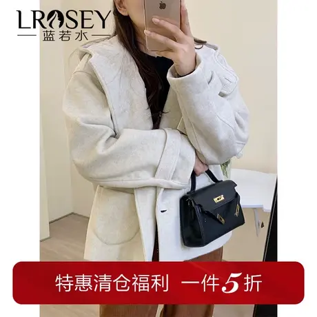 大码女装冬季新款连帽牛角扣毛呢外套胖MM高级感宽松加厚呢子大衣商品大图