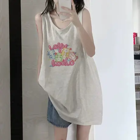 美式复古纯棉吊带运动坎肩背心无袖t恤女夏季外穿宽松篮球服上衣图片