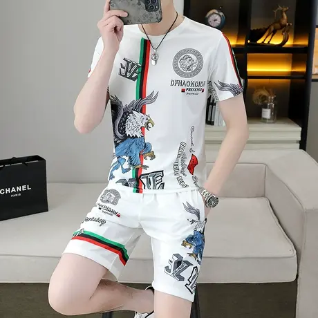 2025新款短袖短裤套装男士潮流时尚百搭休闲冰丝T恤五分裤两件套图片