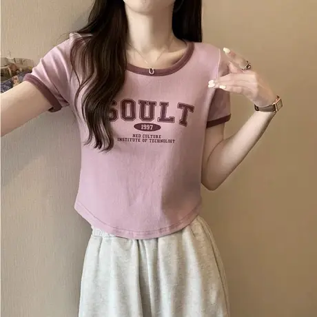 短袖女装小众大码胖mm夏季新款撞色正肩宽松韩版上衣短款t恤200斤图片