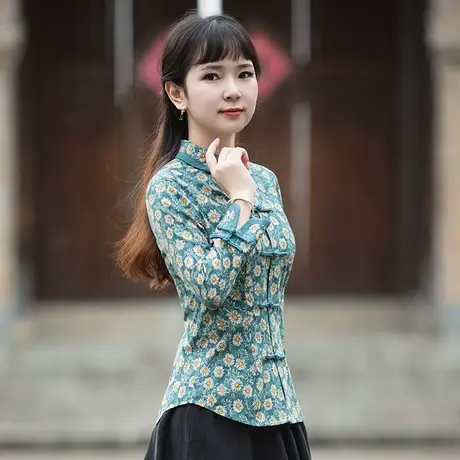 筠雅棉麻唐装女中国风中式盘扣上衣禅意素衣茶服长袖复古时尚女装商品大图