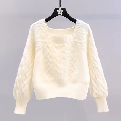 日系软糯麻花毛衣女秋冬2023新款复古慵懒风设计感短款方领针织衫图片