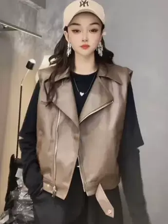 2023年秋款欧货V领大翻领短款皮衣马夹女无袖街头机车夹克短外套商品大图