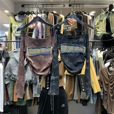 美式字母刺绣牛仔贴布一字领短款修身T恤女2023秋韩版时髦百搭T潮商品大图