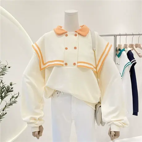 卫衣女春秋薄款2021新款时尚撞色polo衫翻领宽松显瘦长袖套头上衣商品大图