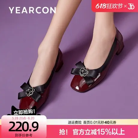 意尔康真皮浅口单鞋女2025春秋新款方头山茶花蝴蝶结低跟妈妈鞋图片