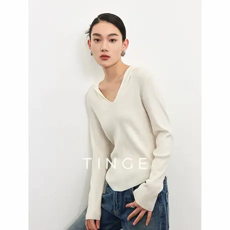 TINGE贴己V领连帽针织衫女可机洗羊毛衫内搭外穿上衣显瘦正肩毛衣图片