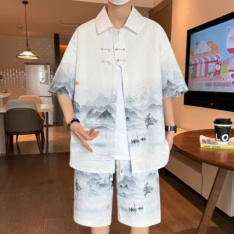 中国风休闲套装男士衬衣夏季新中式短袖衬衫男一整套穿搭国潮衣服商品大图