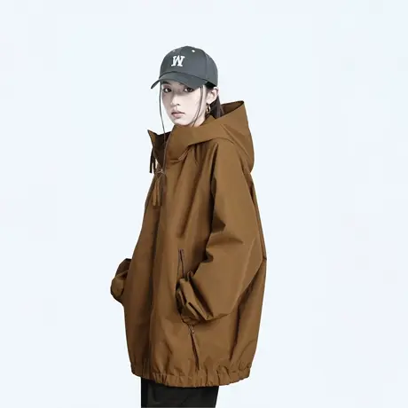 黑色复古连帽外套女春秋2025新款美式工装夹克宽松插肩袖情侣上衣商品大图