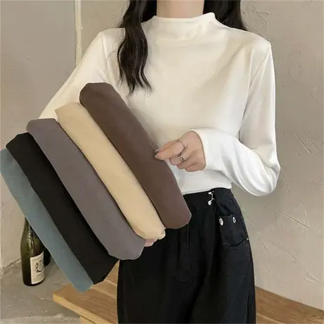 2023年新款春秋冬季白色洋气半高领百搭加绒打底衫内搭长袖t恤女图片