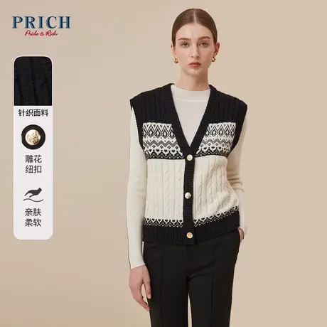 【绵羊毛】PRICH23冬新款复古黑白撞色V领无袖针织开衫背心马甲女商品大图
