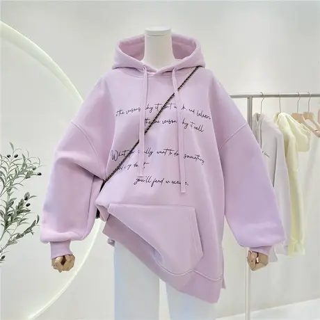 美式复古中长款加绒连帽卫衣女2022秋冬新款慵懒风帽衫外套上衣商品大图