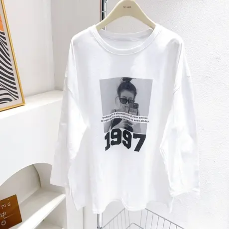 5个图案遮胯显瘦上衣2023秋冬款复古头像白色纯棉T恤打底衫大码商品大图