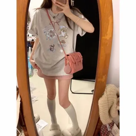 重磅纯棉美式复古卡通落肩短袖t恤女2025新款设计感小众宽松上衣商品大图