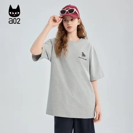 a02黑猫系列宽松圆领纯棉短袖T恤女2025秋季灰色简约通勤秋装上衣商品大图