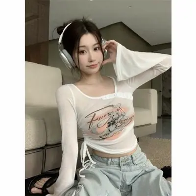 不规则抽绳短款上衣女春秋内搭薄纱别致卡腰小衫爵士喇叭长袖T恤商品大图