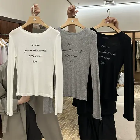 韩国2025秋季字母印花长袖T恤百搭显瘦天丝羊毛打底衫薄上衣女潮商品大图